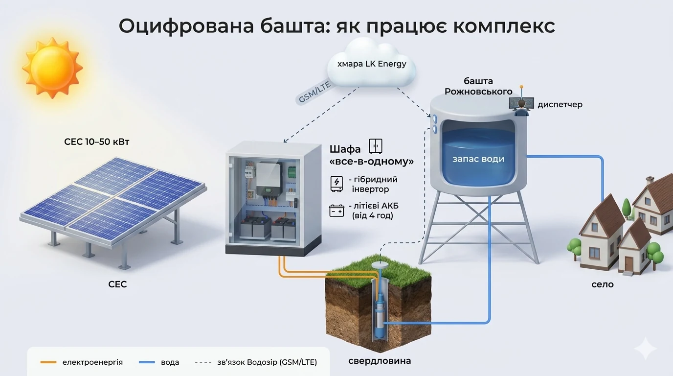 Оцифрованная башня: схема комплекса СЭС для артезианской скважины с диспетчеризацией ВодоЗир